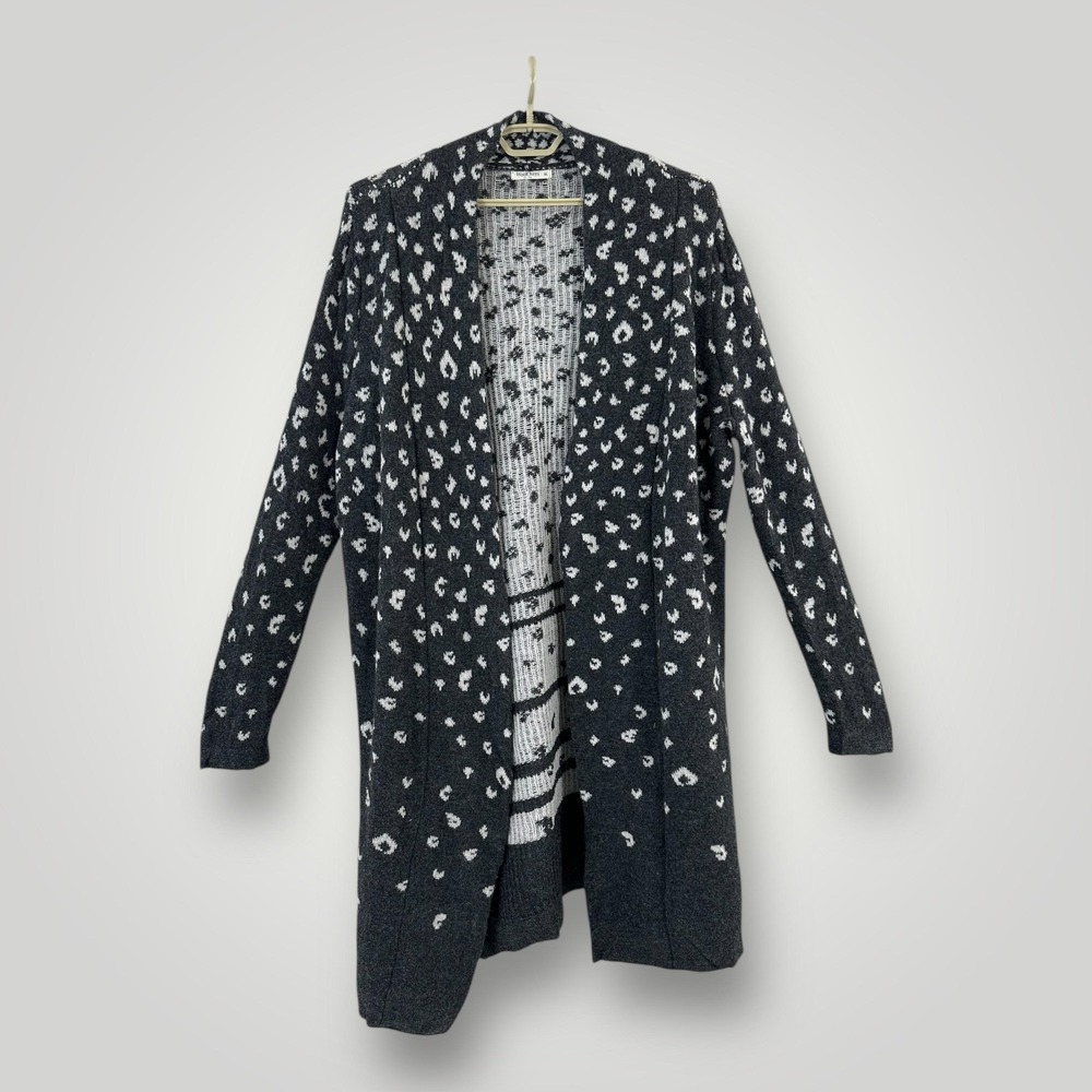WoolOvers‎ Lambswool Cardigan Sweater Womens XL Gray Leopard Longline Open Front